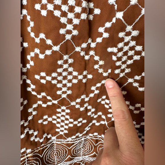 Vtg NANETTE LEPORE Embroidered Skirt Brown Whitete Embroidery Pleated Faux Wrap - Picture 4 of 11